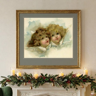 Vintage Christmas, Victorian Angels in the Clouds Poster