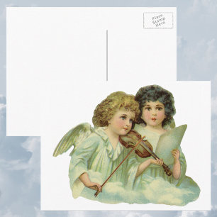 Vintage Christmas, Victorian Angels Music Violin Holiday Postcard