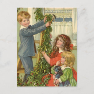 Vintage Christmas, Victorian Children Decorating Holiday Postcard