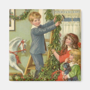 Vintage Christmas, Victorian Children Decorating Magnet