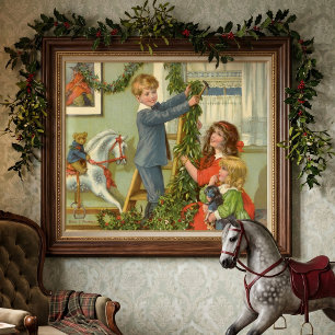 Vintage Christmas, Victorian Children Decorating Poster