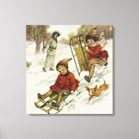 Vintage Christmas, Victorian Children Sledding Dog