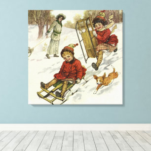 Vintage Christmas, Victorian Children Sledding Dog Canvas Print