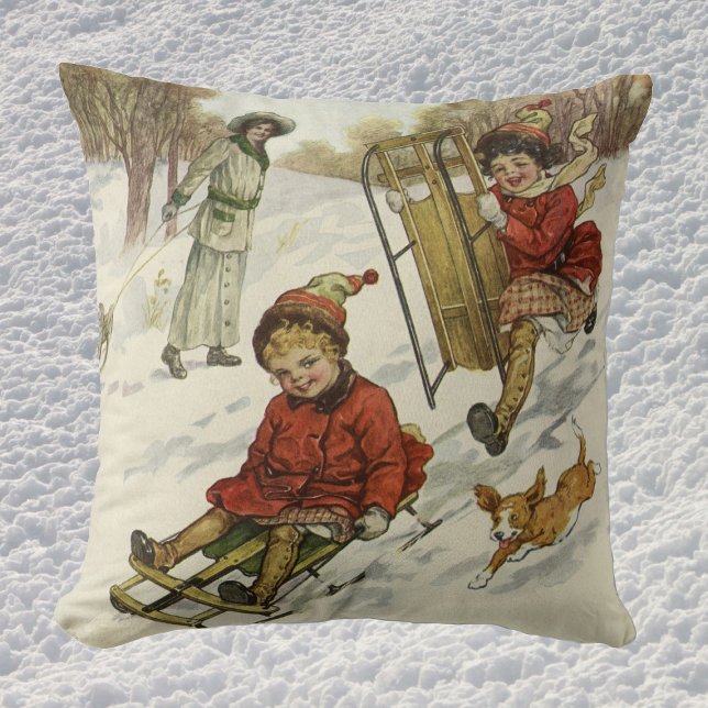 Vintage Christmas, Victorian Children Sledding Dog Cushion (Creator Uploaded)
