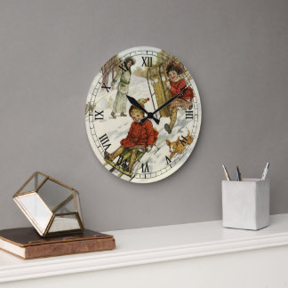 Vintage Christmas, Victorian Children Sledding Dog Large Clock
