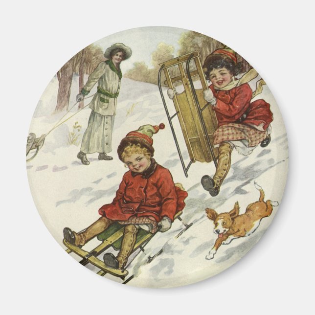 Vintage Christmas, Victorian Children Sledding Dog Magnet (Front)