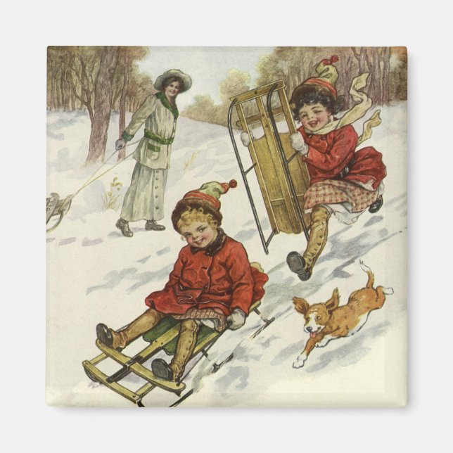 Vintage Christmas, Victorian Children Sledding Dog Magnet (Front)