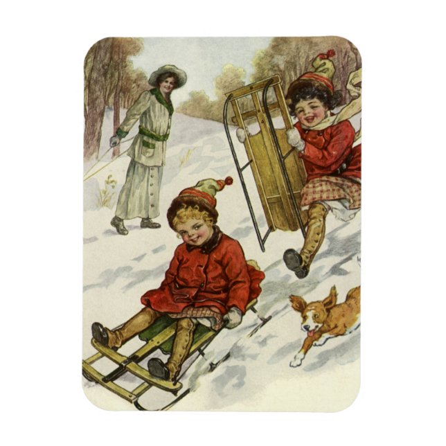 Vintage Christmas, Victorian Children Sledding Dog Magnet (Vertical)