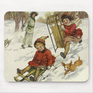 Vintage Christmas, Victorian Children Sledding Dog Mouse Mat