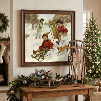 Vintage Christmas, Victorian Children Sledding Dog Poster