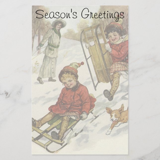 Vintage Christmas, Victorian Children Sledding Dog Stationery (Front)