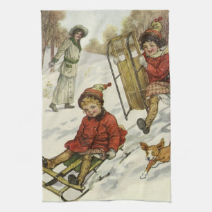 Vintage Christmas, Victorian Children Sledding Dog Tea Towel