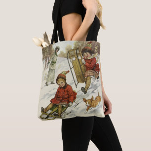 Vintage Christmas, Victorian Children Sledding Dog Tote Bag