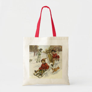 Vintage Christmas, Victorian Children Sledding Dog Tote Bag