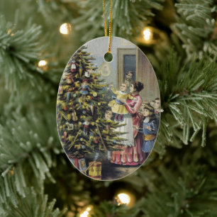 Vintage Christmas, Victorian Family Around Tree Ceramic Tree Decoration