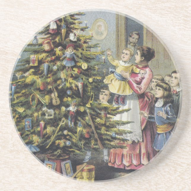 Vintage Christmas, Victorian Family Around Tree Coaster (Front)