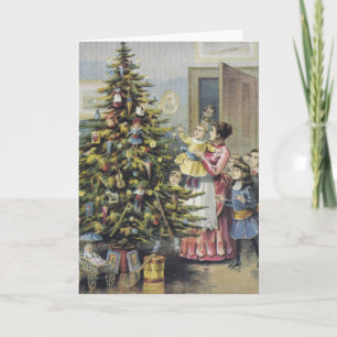 Vintage Christmas, Victorian Family Around Tree Holiday Card