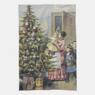 Vintage Christmas, Victorian Family Around Tree Tea Towel