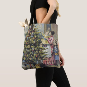 Vintage Christmas, Victorian Family Around Tree Tote Bag