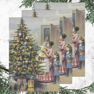 Vintage Christmas, Victorian Family Around Tree Wrapping Paper Sheet