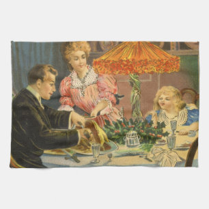 Vintage Christmas, Victorian Family Dinner Tea Towel
