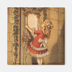 Vintage Christmas Victorian Girl Hanging a Garland Magnet