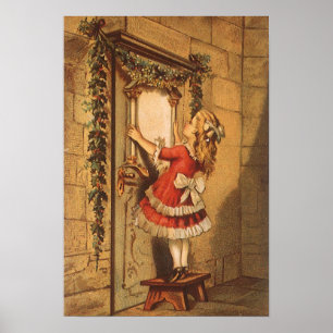 Vintage Christmas Victorian Girl Hanging a Garland Poster