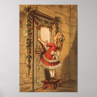 Vintage Christmas Victorian Girl Hanging a Garland Poster