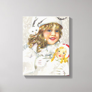Vintage Christmas Victorian Girl with Doll in Snow Canvas Print