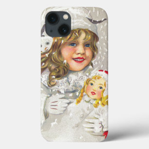 Vintage Christmas Victorian Girl with Doll in Snow iPhone 13 Case