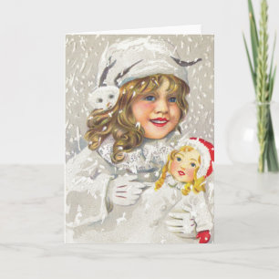 Vintage Christmas Victorian Girl with Doll in Snow Holiday Card