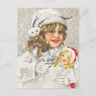 Vintage Christmas Victorian Girl with Doll in Snow Holiday Postcard