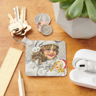 Vintage Christmas Victorian Girl with Doll in Snow Key Ring