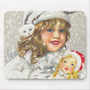 Vintage Christmas Victorian Girl with Doll in Snow Mouse Mat