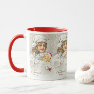 Vintage Christmas Victorian Girl with Doll in Snow Mug