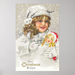 Vintage Christmas Victorian Girl with Doll in Snow Poster