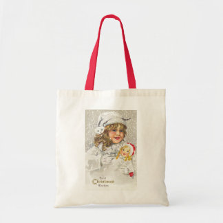 Vintage Christmas Victorian Girl with Doll in Snow Tote Bag
