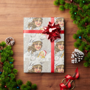 Vintage Christmas Victorian Girl with Doll in Snow Wrapping Paper
