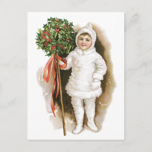 Vintage Christmas, Victorian Girl with Holly Holiday Postcard