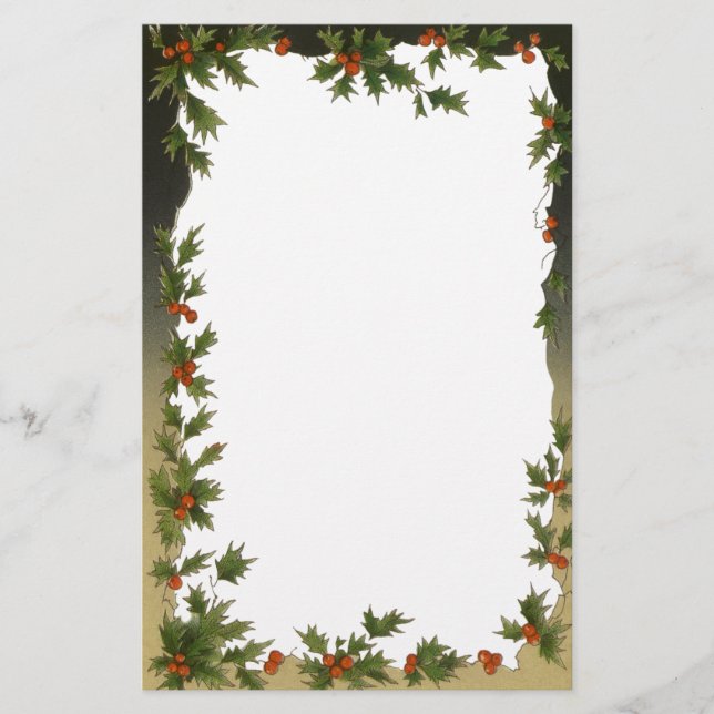 Vintage Christmas, Victorian Holly Leaves Berries Stationery (Front)