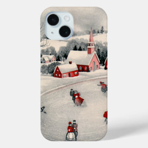 Vintage Christmas, Victorian Ice Skaters on Pond iPhone 15 Case