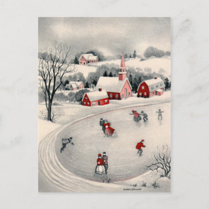 Vintage Christmas, Victorian Ice Skaters on Pond Postcard