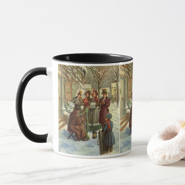 Vintage Christmas, Victorian Musicians Caroling Mug (With Donut)