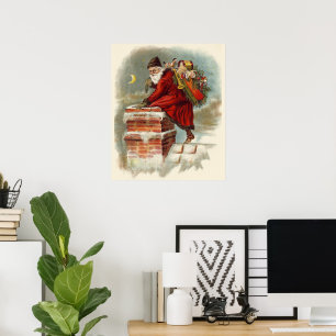 Vintage Christmas Victorian Saint Nicholas on Roof Poster