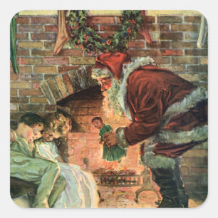Vintage Christmas, Victorian Santa Claus Children Square Sticker