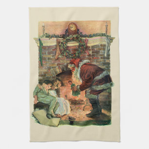 Vintage Christmas, Victorian Santa Claus Children Tea Towel