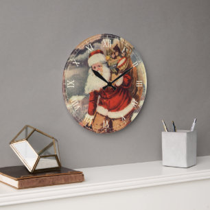 Vintage Christmas Victorian Santa Claus in Chimney Large Clock