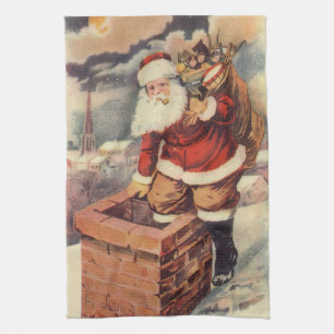Vintage Christmas Victorian Santa Claus in Chimney Tea Towel
