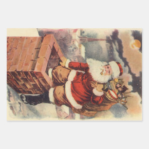 Vintage Christmas Victorian Santa Claus in Chimney Wrapping Paper Sheet