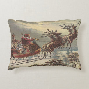 Vintage Christmas, Victorian Santa Claus in Sleigh Decorative Cushion
